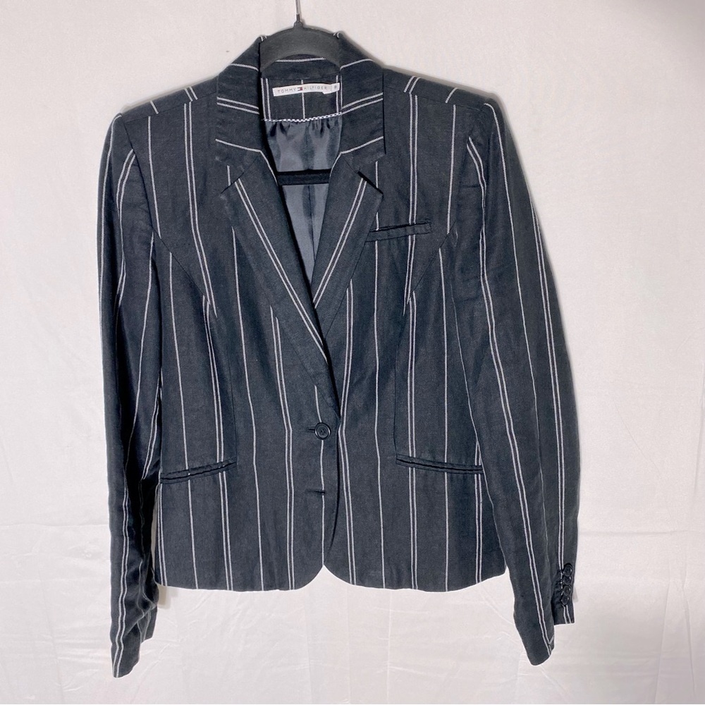 Vintage Y2K Tommy Hilfiger Black White Pinstripe Linen Blazer 8 Secretary